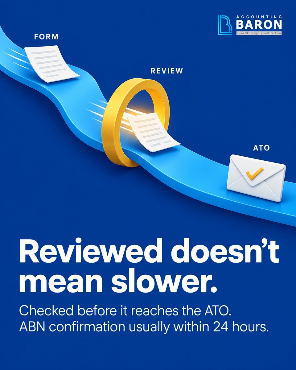 BaronTaxAu's tweet photo. A reviewed ABN application sounds like a slower one.

In our process, a Registered Tax Agent reviews it before anything goes to the ATO, and your ABN is usually issued within 24 hours.

Start at https://t.co/nOfRkErDIu

#ABN #SoleTrader #AustralianTax https://t.co/eujePZjr9E
