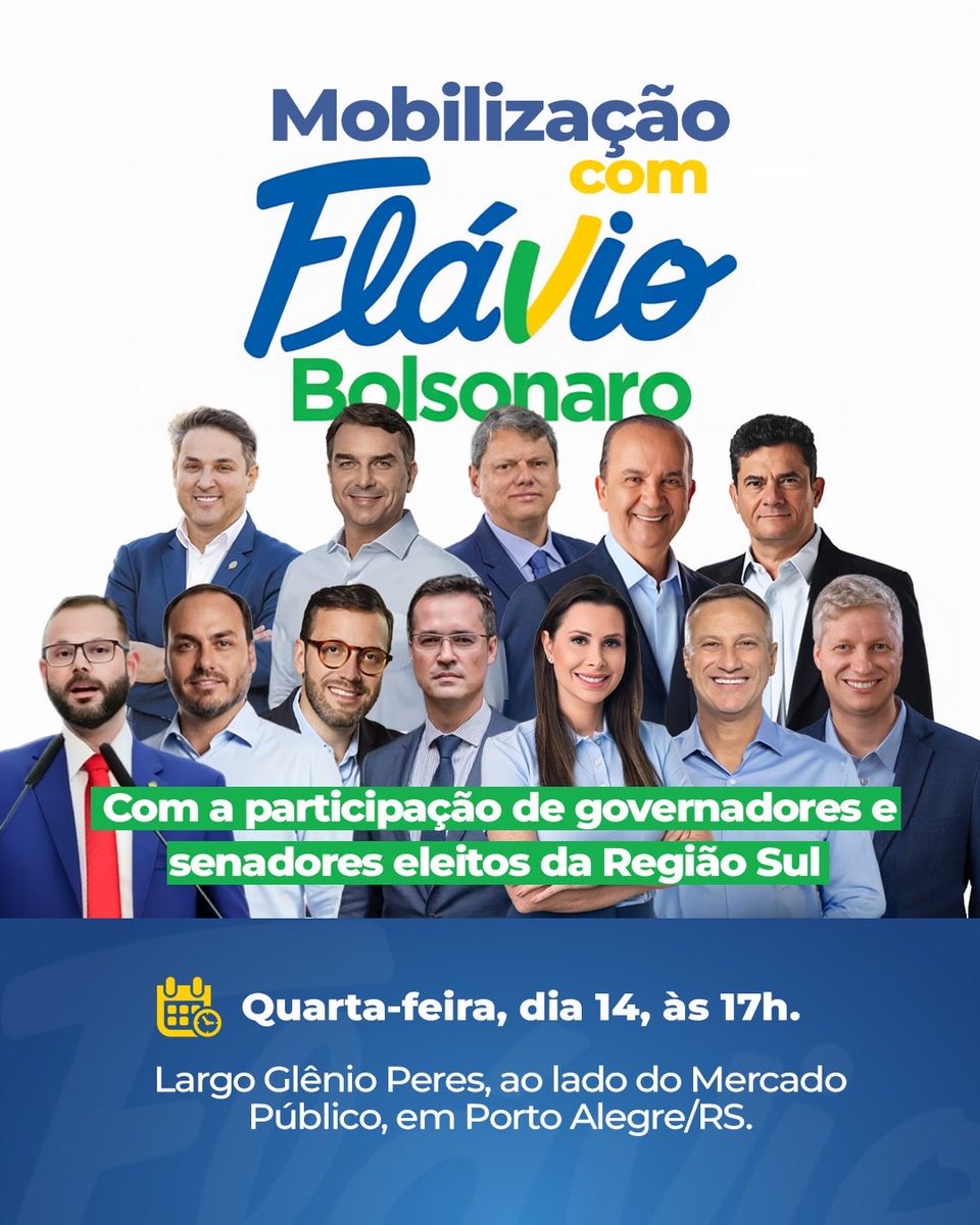 zuccors's tweet photo. 🚨 ATENÇÃO, GAÚCHOS! 🇧🇷

É NESTA QUARTA-FEIRA! Teremos um grande encontro com Flávio Bolsonaro em Porto Alegre, com a presença de governadores, senadores eleitos e lideranças de toda a Região Sul!

📅 Quarta-feira, 14 de outubro
⏰ Às 17h
📍 Largo Glênio Peres, ao lado do Mercado Público, em Porto Alegre/RS.

🇧🇷 Compartilhe! Vamos mostrar a força do Rio Grande do Sul! 💚💛