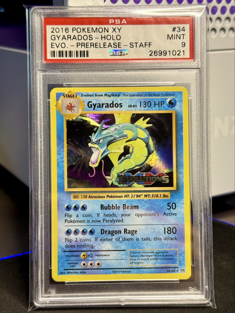 Meowi_Collect's tweet photo. New addition to the PC🎣

Pokemon Xy Evolutions Prerelease Staff Gyarados Holo PSA 9‼️    **Low POP!! only 84 graded PSA 9** 

Have you added anything recently to your PC? If so let me see some bangers! 📸 

#PTCG #Pokemontcg #Gyarados #lowpop https://t.co/A2j55ECpv8