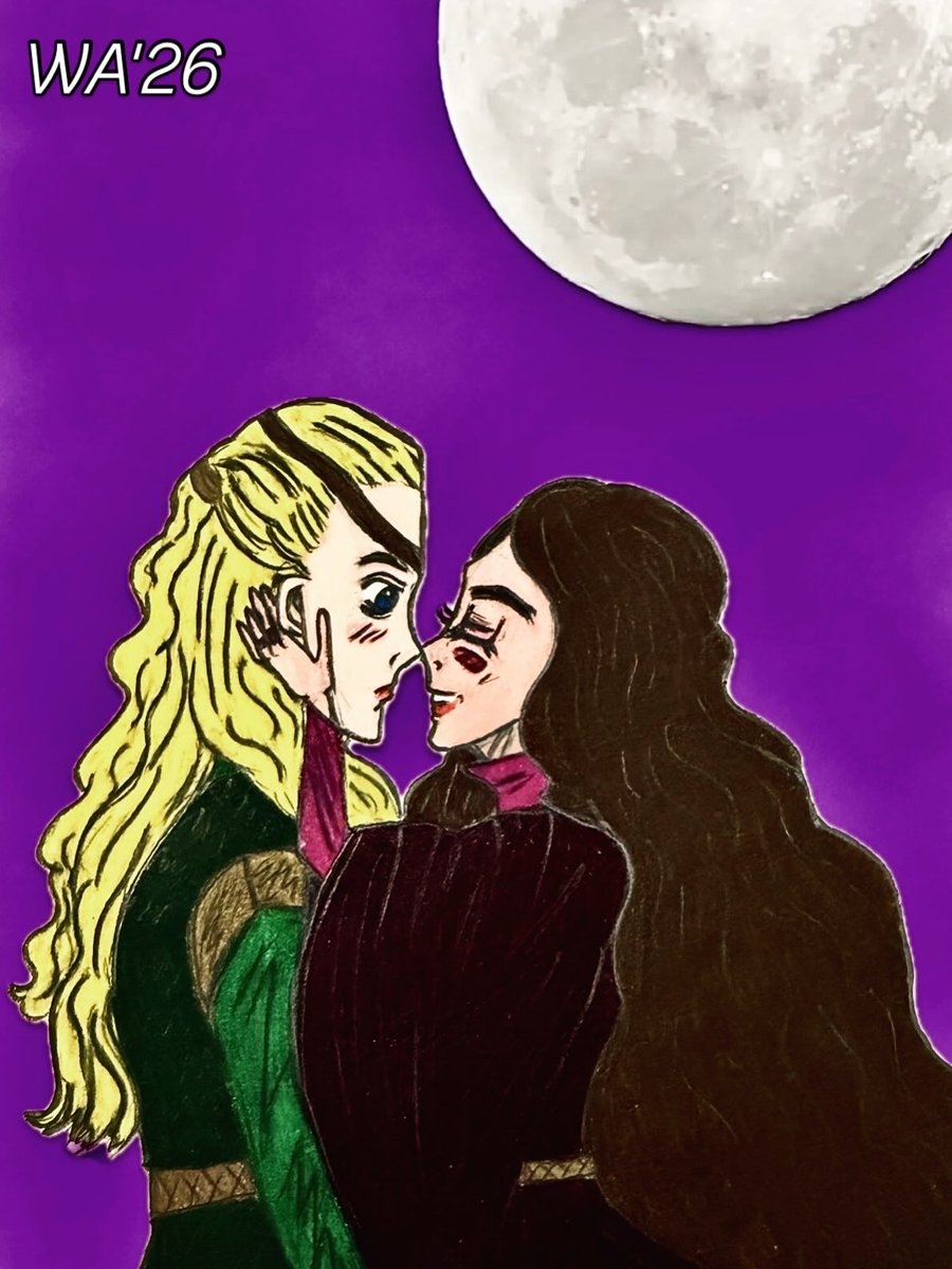 WhitAlexWorks's tweet photo. "Bewitching Love"🌕💜💚🔮✨ (Aemond Week: Day 3) #aemondweek2026 #ewanmitchell #fanart #coloredpencils #aemondtargaryen #alysrivers #houseofthedragon @aemond_week https://t.co/mgKtgg0KIm