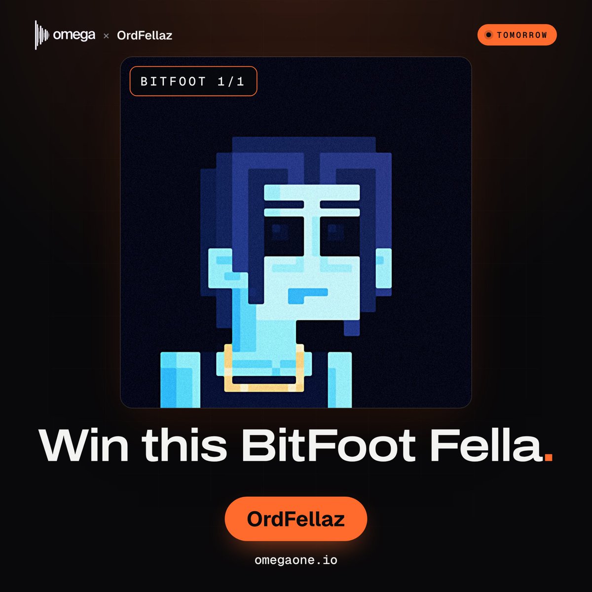 omega_btc_'s tweet photo. Win this BitFoot Fella 1/1. 🎟️ 

@ordfellaz  and @BITFOOTS_  teamed up for this extraordinary 1/1.

Raffled tomorrow on omega at 15:00 UTC.

Ticket price revealed tomorrow.
Winner picked by the next Bitcoin block.

Follow for updates 🔔