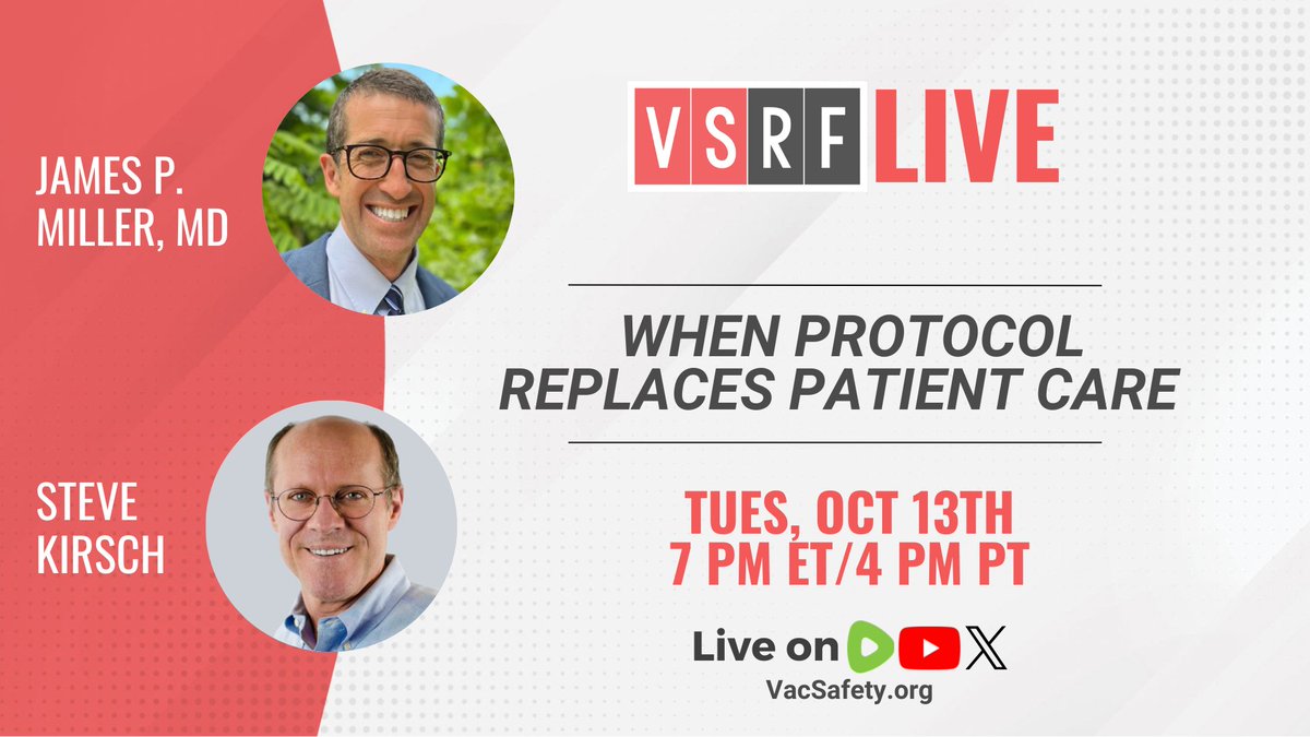 VacSafety's tweet photo. 🚨 WE GO LIVE IN ONE HOUR!

What really happened behind hospital doors during COVID?

Tonight, Dr. James Miller joins Steve Kirsch to discuss the hospital protocols he challenged, the treatment of unvaccinated patients, and the professional consequences he faced for speaking out.

🎙️ 7 PM ET | VSRF LIVE
https://t.co/h8iyFFxxDE