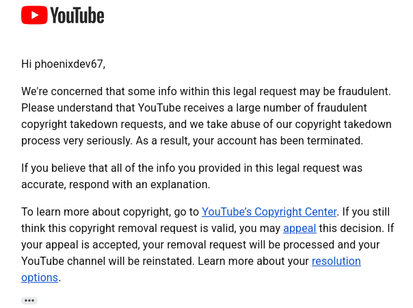 uniteddragons06's tweet photo. Hi @TeamYouTube , My channel was terminated after people were re uploading my videos. I sent these copyright strikes to get them down but #youtube thought they were fraudulent. I would like a review in my case and possibly a DM. https://t.co/C0qZpBOpgu