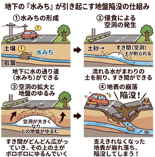 jibansaigai's tweet photo. 千葉県を中心に継続中の湧水問題。
水が湧き出してきて困ることに加えて、地下の水の流れによっては、図のような空洞化が進み地盤の陥没などにつながることが懸念。
舗装、護岸や擁壁の内側で進行することや地表から気付きにくいこと、陥没などに至る前に事前の調査や対処が難しいということも心配。 https://t.co/OzBs20muiS