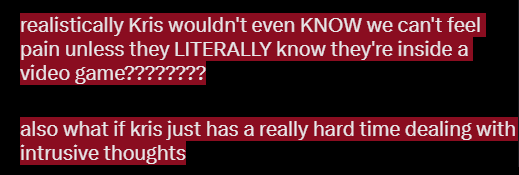 TheLitSofah's tweet photo. @1_Difference_1 @Rodrius_ i was a KRISKNIGHTER in the chapter 2 era, smug ass??????

i've brought up Kris being morally grey already, do you genuinely honest to god believe i think kris is an innocent little blorbo????? https://t.co/N4QsgAxlQD