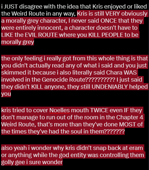 TheLitSofah's tweet photo. @1_Difference_1 @Rodrius_ i was a KRISKNIGHTER in the chapter 2 era, smug ass??????

i've brought up Kris being morally grey already, do you genuinely honest to god believe i think kris is an innocent little blorbo????? https://t.co/N4QsgAxlQD