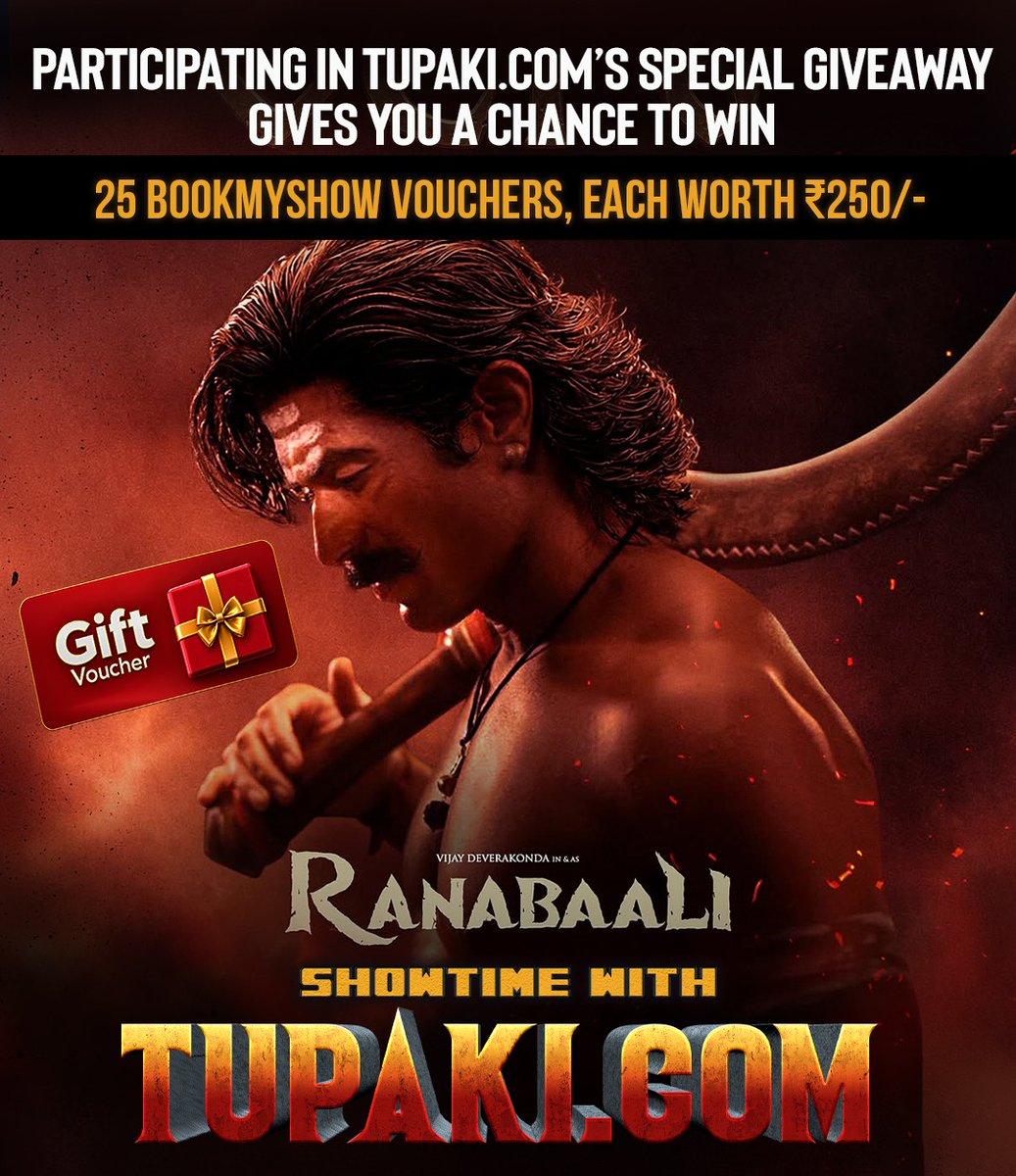 tupaki_official's tweet photo. 🚨 #TupakiGiveaway Alert! 🚨

🎬 Get a chance to win one of 25 BookMyShow vouchers worth ₹250 each to watch #Ranabaali in theatres!

👇 How to participate:
👉 Follow @tupaki_official
👉 Reply/Quote this post with #ShowTimewithTupaki

🏆 Winners will receive their vouchers via DM on the evening of the 15th.

What are you waiting for? Participate now!

#VijayDeverakonda #RashmikaMandanna #Giveaway #Tollywood #Tupaki