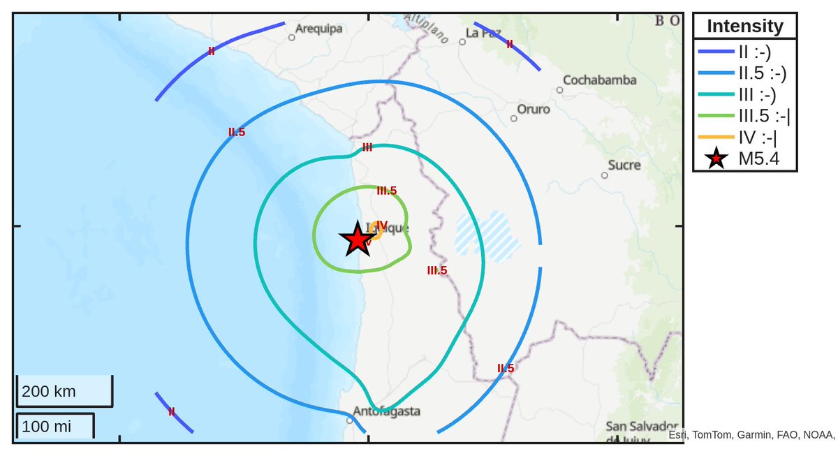 SismoDetector's tweet photo. Mapa de intensidad del #sismo M5.4 ocurrido a las 03:11:08 (UTC) con epicentro a 9 km de #Iquique, Chile. Descarga la app Sismo Detector desde https://t.co/jS9crK4Riw para recibir alertas en tiempo real en tu smartphone https://t.co/hqIVrkeo85