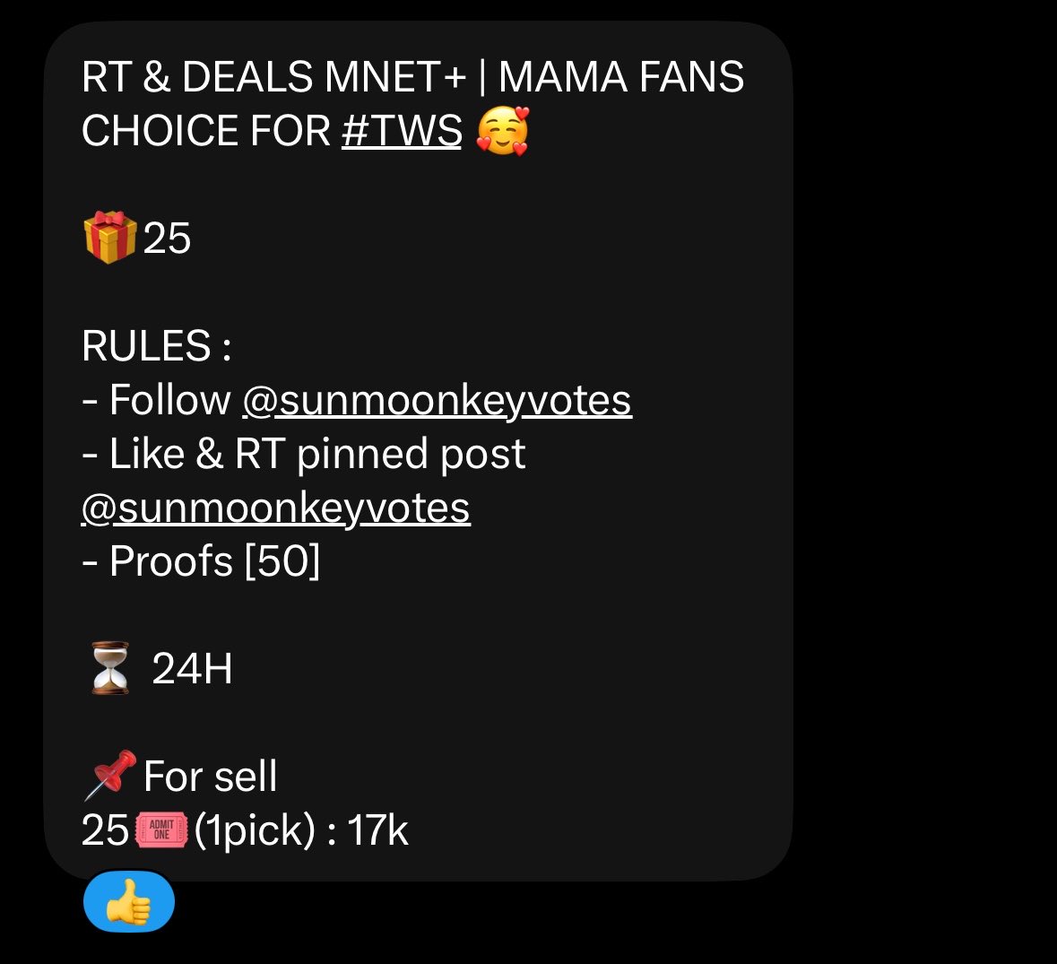 shinyuluvme's tweet photo. RT &amp; DEALS MNET+ | MAMA FANS CHOICE FOR #TWS 🥰

🎁25

RULES :
- Follow @sunmoonkeyvotes
- Like &amp; RT pinned post @sunmoonkeyvotes
- Proofs [50]

⏳ 24H

📌For sell
25🎟️(1pick) : 17k https://t.co/b2waBxWaYm