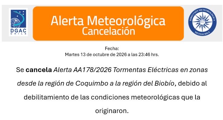 MaximoPavezC's tweet photo. Cancelación de Alerta Meteorológica desde la región de Coquimbo hasta el Biobío por parte de la @meteochile_dmc. 

@GobiernodeChile https://t.co/zEcLVTH1AL