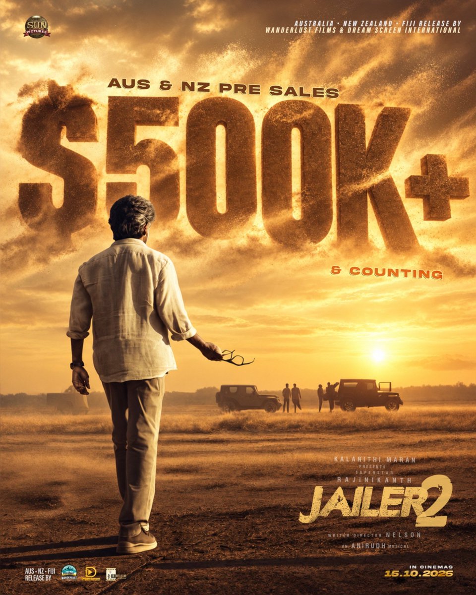 JaseelMhd_GOAT's tweet photo. #Jailer2 Australia /Newzealand SALES CROSSED A$500k+ 🔥🔥  Superb Trend Last 2 Days!⚡⚡⚡ Bring It On💥

@WanderlustFilm7 @DreamScreensInt https://t.co/Xw9306Zhyu