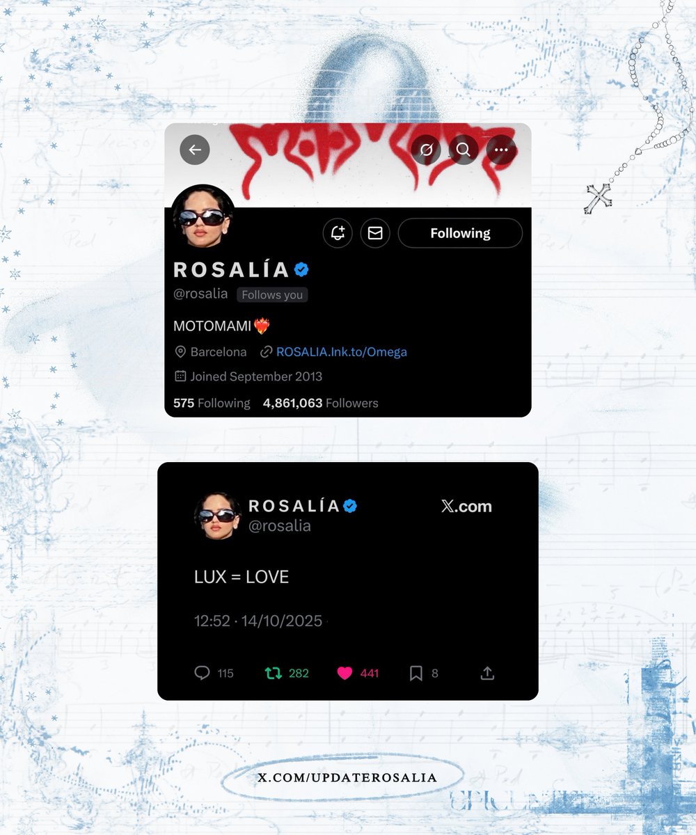 updaterosalia's tweet photo. One year ago, ROSALÍA posted “LUX = LOVE”, ushered in the LUX era and deactivated her Twitter account.

The account remains inactive to this day. 🥺 https://t.co/Oz9c3SOPDo