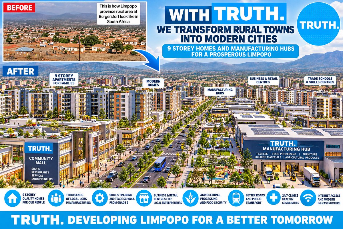 TruthMovemen's tweet photo. OFFICIAL MEDIA STATEMENT

# OFFICIAL MEDIA STATEMENT

**TRUTH AND SOLIDARITY MOVEMENT**

**14 OCTOBER 2026**

## WE WILL TRANSFORM SEKHUKHUNE FROM UNDERDEVELOPMENT INTO A MODERN ECONOMIC POWERHOUSE!

### NINE-STOREY HOMES, MANUFACTURING HUBS, INDUSTRIAL DEVELOPMENT AND THOUSANDS OF NEW JOB OPPORTUNITIES

**Issued by President MEHMET VEFA DAG**

The Truth and Solidarity Movement declares that the time has come for a complete economic and infrastructural transformation of Sekhukhune District Municipality, Limpopo.

**Our people deserve more than promises. They deserve decent housing, employment, modern infrastructure, quality education and economic dignity.**

For far too long, communities across Sekhukhune have experienced unemployment, inadequate infrastructure, housing shortages and limited industrial opportunities.

The Truth and Solidarity Movement presents an ambitious vision to change this reality.

### 1. NINE-STOREY MODERN RESIDENTIAL DEVELOPMENTS

We propose replacing unsuitable and deteriorating housing conditions with carefully planned, modern nine-storey residential developments.

Our housing programme will prioritise:

* Quality apartments for working families and low-income households.

* Affordable housing with reliable water and electricity.

* Safe playgrounds, community parks and recreational facilities.

* Ground-floor business spaces to support local entrepreneurs.

* Proper roads, sanitation, public transport and security.

* Protection of existing residents against unfair displacement.

**We want Sekhukhune families to live in dignity, not desperation.**

### 2. MANUFACTURING HUBS AND AN INDUSTRIAL REVOLUTION

Sekhukhune must become a major manufacturing and production centre in Limpopo.

Our proposed industrial development programme will focus on:

* Textile and clothing manufacturing.

* Furniture and building-material production.

* Food processing and agricultural packaging.

* Construction-material manufacturing.

* Local mineral beneficiation and associated industries.

* Small-business factories and industrial incubation centres.

We will pursue partnerships with investors, manufacturers, development finance institutions and other spheres of government to create sustainable employment.

**Our vision is to produce more locally, manufacture more locally and create employment for local communities.**

### 3. BURGERSFORT MUST BECOME A MODERN ECONOMIC CENTRE

Burgersfort and surrounding communities must benefit directly from the region's economic potential.

We envisage modern commercial districts, nine-storey housing developments, business centres, manufacturing facilities, upgraded transport networks and public infrastructure.

Development must extend beyond Burgersfort to communities throughout Sekhukhune, including Jane Furse, Steelpoort, Groblersdal and surrounding rural settlements.

No village must be forgotten.

### 4. JOB CREATION AND YOUTH ECONOMIC EMPOWERMENT

We will prioritise employment opportunities through housing construction, manufacturing, agriculture, infrastructure development and small-business expansion.

Young people must have access to technical training, apprenticeships, trade schools and entrepreneurial support.

We will seek to establish vocational training facilities linked directly to the needs of local industries.

**Our message is clear: Sekhukhune's young people must become builders, engineers, technicians, manufacturers and business owners.**

### 5. AGRICULTURAL DEVELOPMENT AND FOOD SECURITY

Sekhukhune's agricultural potential must become a foundation for economic growth.

We propose agricultural cooperatives, irrigation development, poultry production, food-processing facilities, cold-storage infrastructure and improved market access for emerging farmers.

Our objective is to connect rural agricultural producers with local manufacturing and commercial opportunities.