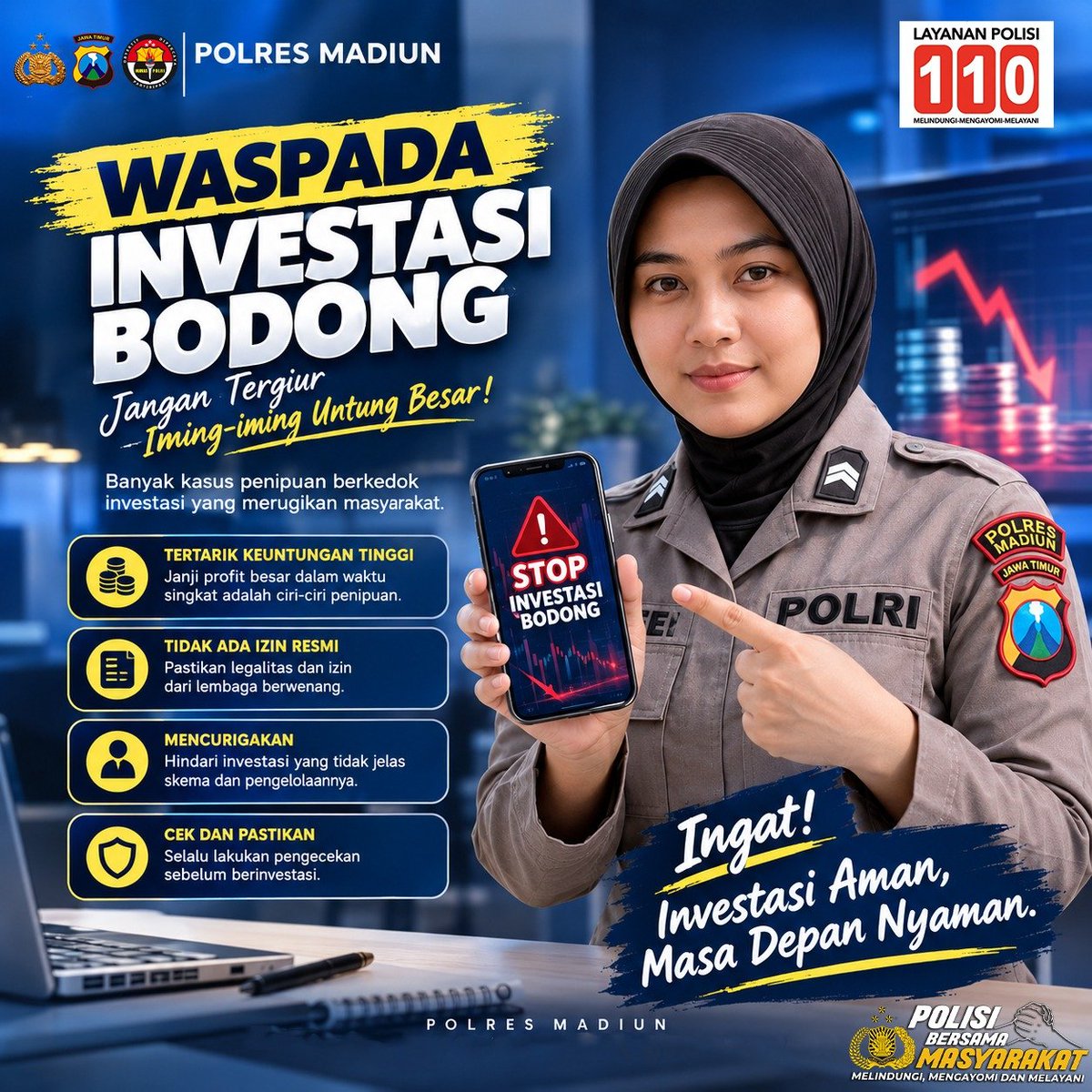 XPolsekkare's tweet photo. Untung kilat? Jangan langsung terpikat!   Banyak tawaran investasi bodong memanfaatkan iming-iming hasil besar tanpa risiko. Selalu cek legalitas lembaga, pahami skema pengelolaannya, dan jangan ragu untuk menolak tawaran yang mencurigakan. https://t.co/TlbrbUXMnm