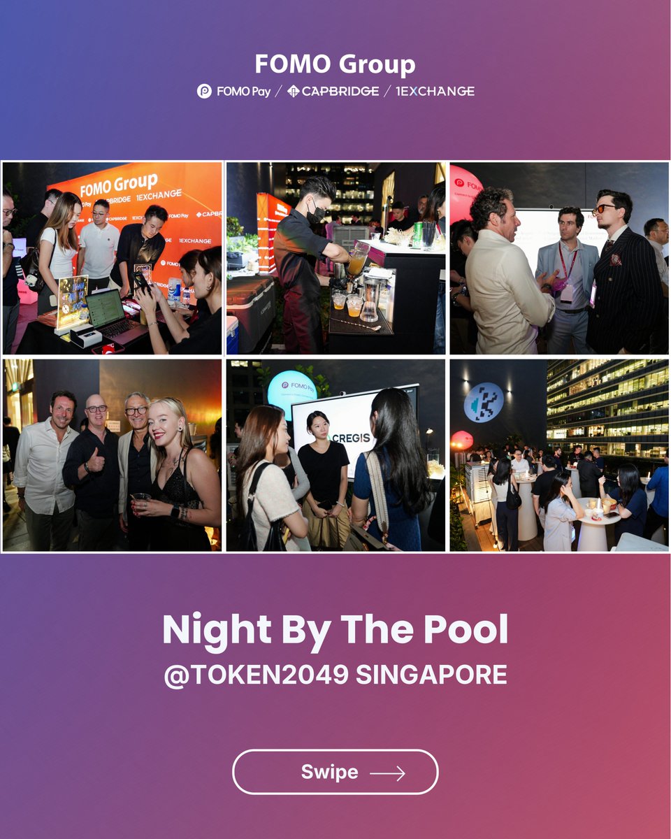 CapBridgeSG's tweet photo. FOMO Group’s TOKEN2049 2026 Wrapped 🌐
What a week at @token2049 Singapore! From hosting our own side event to joining industry panels and discussions, our team had a packed week of conversations, connections and ideas across the digital asset ecosystem.

🎉 Side Events We Hosted & Co-Hosted
Night by the Pool: Our very own TOKEN2049 side event, co-hosted with @sumsub , @0xCregis , @Medici_Expert  and @TheCleanverse, with support from @MetaEraHK.
Institutional Onchain Finance Summit 2026: Co-hosted with @0xCregis, @Stable and @WidthGRC.
Web3 x AI in Action: Co-hosted with @Web3Labs_Club , @DWAWeb3 and @Bitroot_.

🎤 Panels, Keynotes & Industry Discussions
Our team also joined industry leaders to exchange perspectives on AI, stablecoins, digital asset compliance, security and institutional adoption.

Torchcast Summit 2026
Zack Yang (@FOMOPayOfficial) joined a panel on AI, moderated by Zhilin Hu (@Torchcast), alongside Prof. Bo An (@NTUsg) and Anastasios Noulas (former Vico).

Merkle Science Meet Singapore: Shaping the Future of Digital Asset Compliance
Leona Gan (@FOMOPayOfficial ) joined a discussion alongside Kevin Kang (@reapglobal), Howard Wu (Provable; Aleo), Patrick Ngan (@AlchemyPay), Tin Pei Ling (@MetaCompHQ), Tristan Wallaert (@RequestNetwork ) and Eric Cheung (@MorphNetwork ), moderated by Donato Pio Gianera (@arf_one).

Sheena Lim (@1Xexchange) joined a panel alongside Ilya Brovin (@sumsub ), Jenna Peterson (@midnightfdn ), Arthur Breitman (@tezos ), Heslin Kim (@ZenithFdn) and Yan Ma (SpartanGroup), moderated by Mark Tang (@HydraX).

Institutional Onchain Finance Summit 2026
Zack Yang (@FOMOPayOfficial) joined a panel on stablecoins, moderated by Chiara Munaretto (@stablecoininfo), alongside Eddie Hui (@MetaCompHQ ), Andres Kim (@tether) and Leandro Noel (Avenia).
Michael Chen (@1Xexchange ) joined a panel on digital asset security, moderated by Alevtina Labyuk (@beincrypto), alongside Jason Jiang (@CertiK), Dmytro Matviiv (@HackenProof) and Alexandra Wang (@zan_team).

Web3 x AI in Action
Yusong Wang (@CapBridgeSG ) delivered a keynote, sharing perspectives on the intersection of Web3 and AI.

NTU FinTech Industry Day 2026
Zack Yang (@FOMOPayOfficial) joined a panel moderated by Dr Tushar Vaidya (@NTUsg), alongside Holly Fang (Singapore FinTech Association), Yew Fei Yeow (@BNYglobal), Jeyson Ng (@moomoo) and Yang Yang (Monee).

A big thank you to our co-hosts, partners, event organisers, fellow panellists and everyone who connected with us throughout the week. We appreciate the opportunity to exchange ideas, build new relationships and explore how collaboration can move financial innovation forward.

As we continue connecting the dots across payments, wealth and digital asset markets, FOMO Group (@FOMOPayOfficial , @CapBridgeSG and @1Xexchange) remains focused on advancing compliant, borderless finance.

Connect to #FOMO, Connect to ALL

#FOMOGroup #TOKEN2049 #DigitalAssets #Stablecoin #RWA #AI