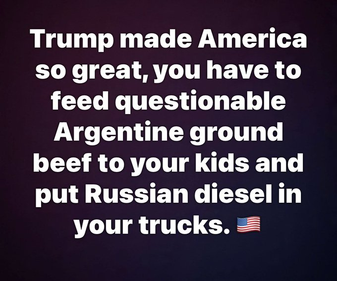MICHAELDOLLAR's tweet photo. MORON Don #MAGAt made America So Great Questionable #Argentine Ground Beef #Rusian Diesel #TRUCKS Yanukovych @KekePalmer Georgia @KamalaHarris Melania @cspanwj James Talarico Paxton Kimberly Guilfoyle Donbas JD Vance Katie Press Secretary #VoteEarlyForNoKings Minnesota Ivanka https://t.co/qLiCoca4qa