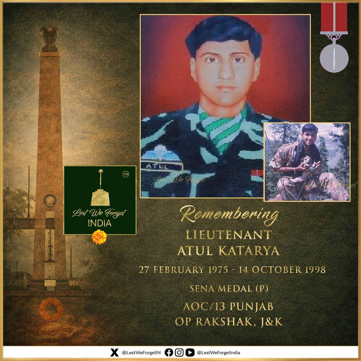 LestWeForgetIN's tweet photo. This gallant #IndianBrave neutralised four terrorists personally, before succumbing to injuries - he was only 23 years old.

#LestWeForgetIndia🇮🇳 the exemplary courage & supreme sacrifice of Lieutenant Atul Katarya, Sena Medal (P), AOC/13 PUNJAB in J&K, during #OpRakshak #OnThisDay 14 October in 1998

Remember the Brave 🏵️