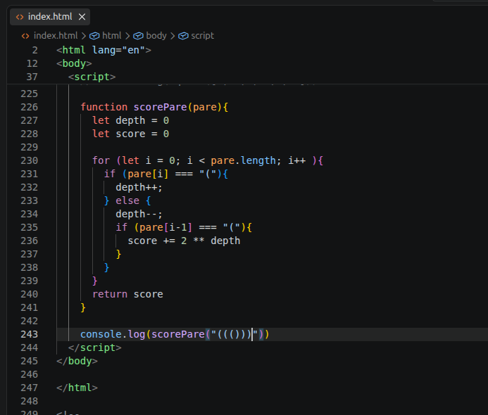 devMacQueen's tweet photo. Day 38/100 #100DaysOfCode @blockfuselabs Solved a Score of Parentheses problem today  Tracking depth through a loop and scoring each balanced pair with 2 ** depth.  #JavaScript #ProblemSolving https://t.co/VPTIoZwBJ1