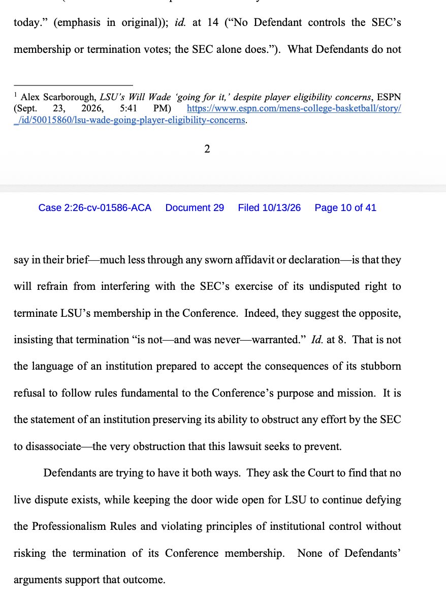 Ross Dellenger: For those thinking the SEC-LSU legal battle was over, it is not.

Strong words from the league in its latest filing, inc