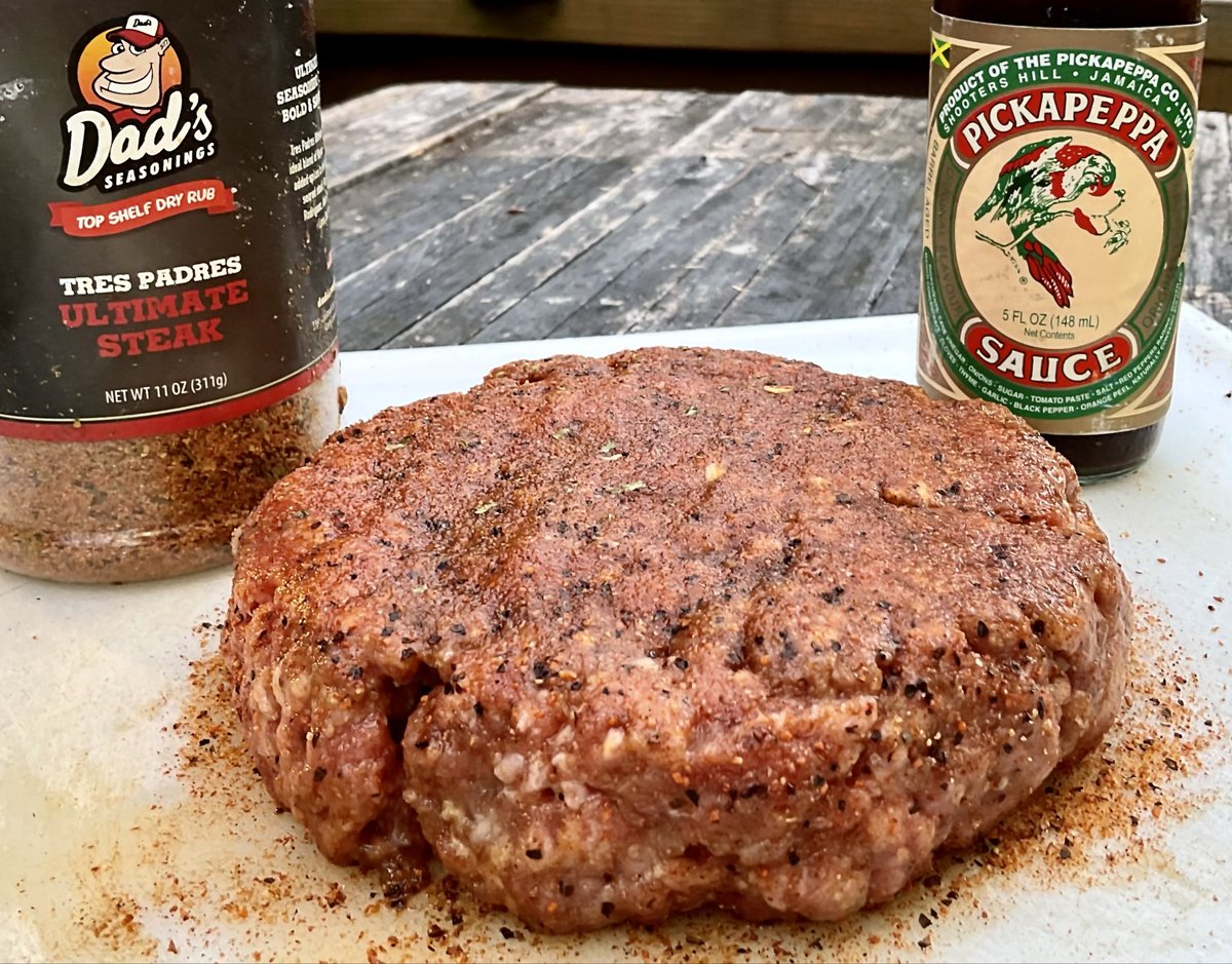 crappiedoc's tweet photo. A kicked up smoked burger. 1/2 pound ground beef trimmings. A little Worcestershire worked in. Patty coated in @Pickapeppa sauce then seasoned with @DadsSeasonings Ultimate steak. 225 all the way. Picking up smoke https://t.co/Dd8IQdWFRY