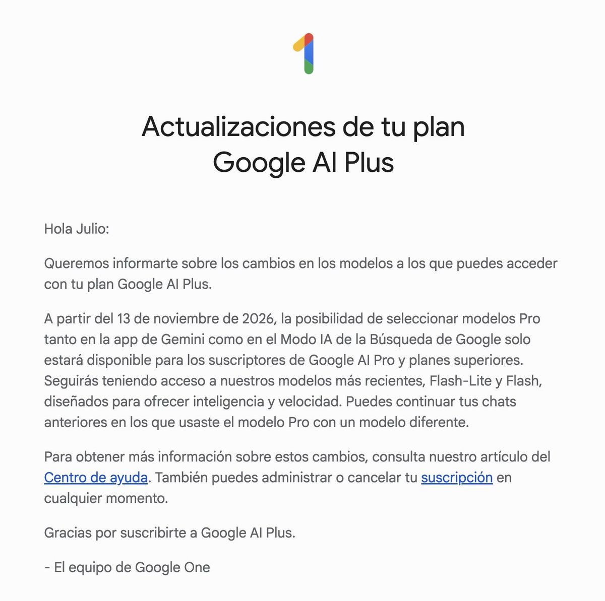 JuliusAQ's tweet photo. Me llegó el correo: desde el 13 de noviembre, mi plan Google AI Plus ya no deja elegir Gemini Pro, solo Flash y Flash-Lite.

Me quedo en Flash. Ya pago Pro en las herramientas que uso a diario, y hoy Gemini Pro no me da una ventaja que justifique otro plan. La pregunta no es qué modelo es mejor, sino cuál cambia tu trabajo.