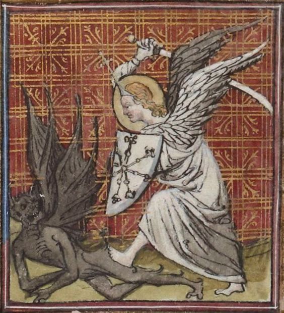 rosaxmundi's tweet photo. Archangel Michael vanquishing the Devil from Ars bene moriendi (The Art of Dying Well) c. 1450 by Jean Le Tavernier