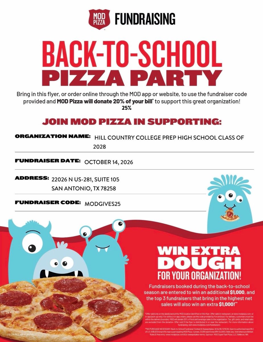 hccpptsa's tweet photo. ๐ TOMORROW IS PIZZA DAY!
Support the HCCPHS Class of 2028! ๐๐ฆ
๐
October 14
๐ MOD Pizza โ 22026 N US-281, Suite 105
๐ 25% of your purchase goes back to our Falcons!
๐ฒ Code: MODGIVES25
Grab some pizza and support our Class of 2028!
#HCCPHS #FalconFamily #ClassOf2028 https://t.co/39tGS5gugr