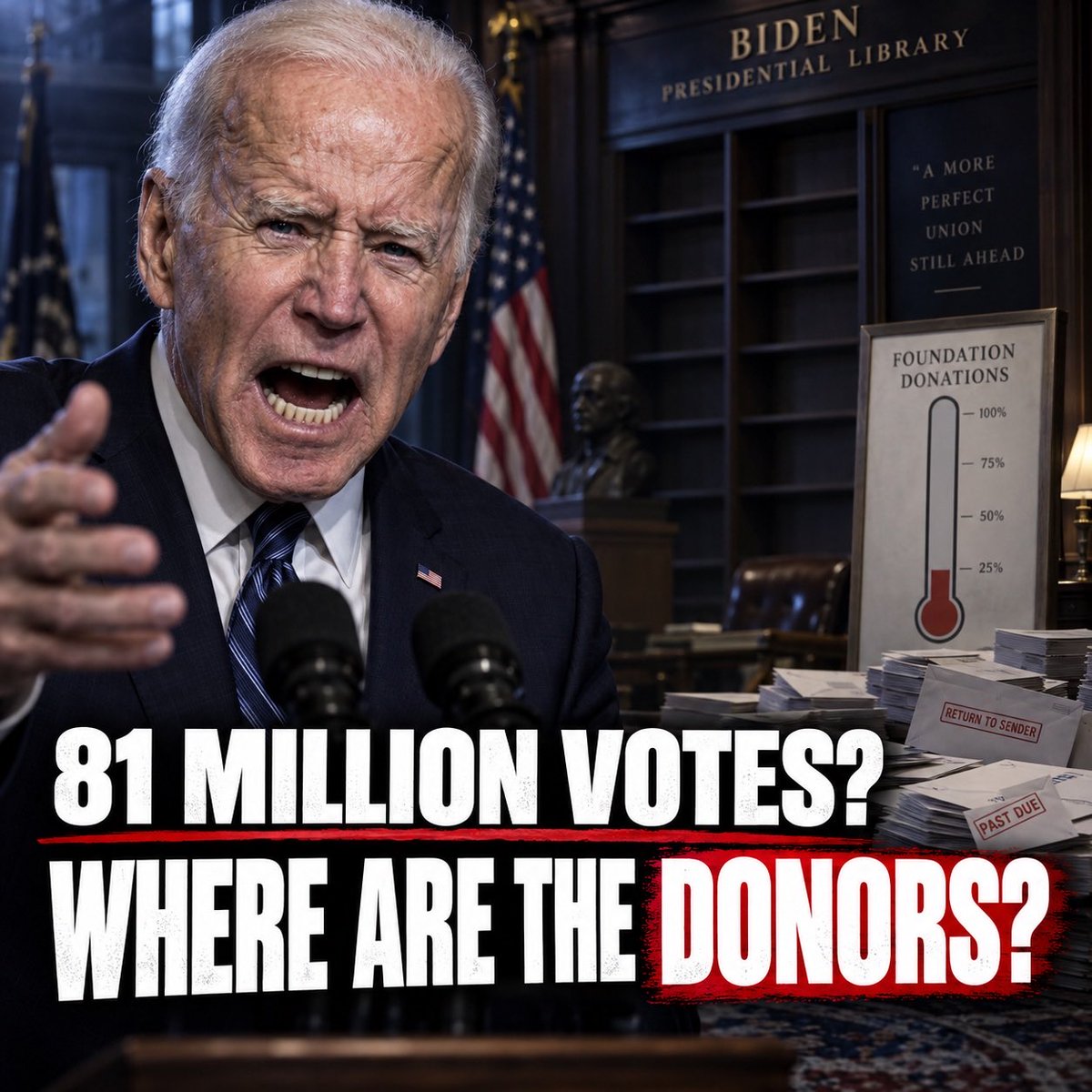 GuntherEagleman's tweet photo. LOL! Joe Biden supposedly got 81 MILLION votes in 2020.

Now he’s struggling to raise enough money to build his presidential library.

His foundation reported ZERO new donations in 2024 and projected just $11.3 million in total funding by the end of 2027.

81 million votes, but a presidential library struggling to find donors.

You couldn’t write a better political punchline.
