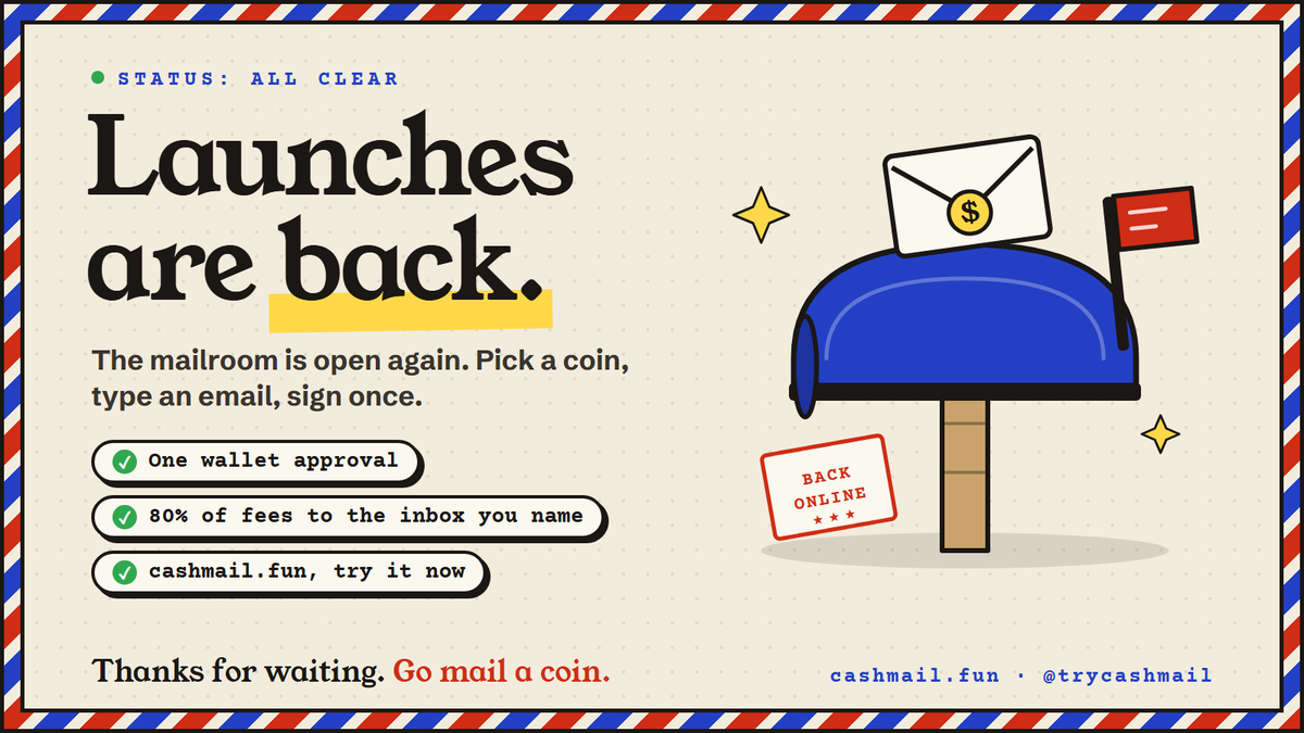 trycashmail's tweet photo. Launches are back📬

Pick a coin, type an email, approve once with your wallet. 80% of the creator fees go to the inbox you name.

Try now https://t.co/1vktfdFEhe https://t.co/RgmqBA3NVD