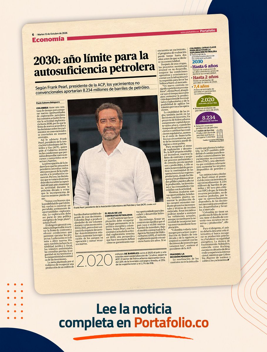 ACP_Colombia's tweet photo. Nuestro presidente, @FrankPearl , habló con Portafolio sobre el futuro de la exploración de petróleo y gas en Colombia y los riesgos que enfrenta el país ante la falta de nuevos proyectos exploratorios.

Durante la entrevista, advirtió que, de mantenerse la tendencia actual, la actividad exploratoria podría llegar a su límite en 2030, un escenario que plantea importantes retos para las reservas y la seguridad energética nacional.

Desde la ACP, destacamos la necesidad de adoptar decisiones oportunas que permitan fortalecer la exploración y asegurar el abastecimiento energético del país.

🔗 Lee la entrevista completa en Portafolio: https://t.co/B862B87vbm