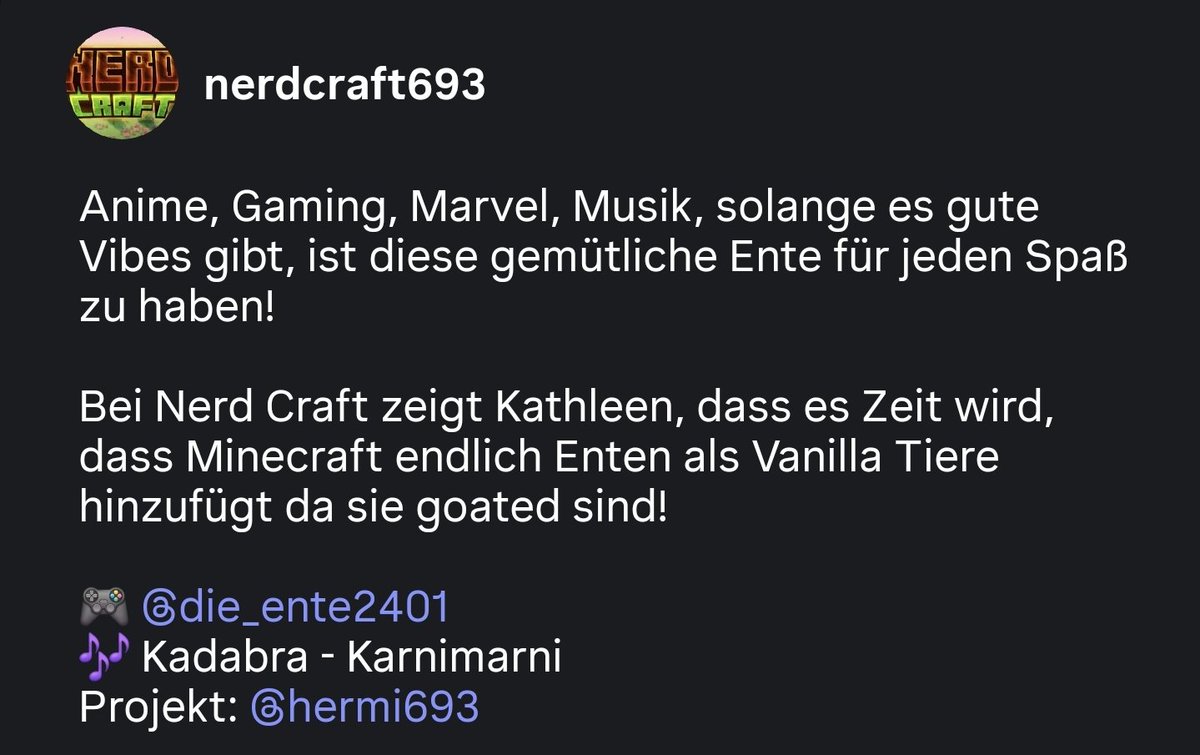Hermi693's tweet photo. Weitere Vtube Verstärkung für Nerd Craft gibt es von Kathleen_die_Ente ✨️
https://t.co/7qrOaA5B2e
#anime #minecraft #nerdcraft #gaming #vtube #gervtuber #vtuber #animerap https://t.co/JBCVbB0SWF