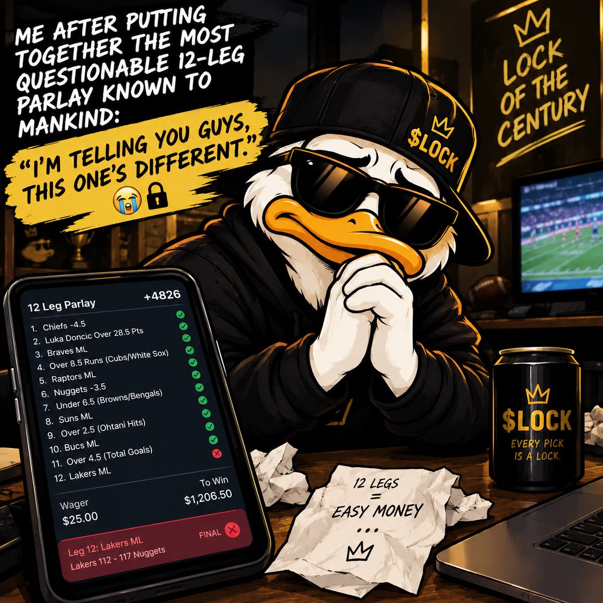 Lock_Coinn's tweet photo. Me after putting together the most questionable 12-leg parlay known to mankind:

“I'm telling you guys, this one's different.” 😭🔒
(with lock it would be)
$LOCK 🦆

#LOCK #SportsMemes #Solana https://t.co/A3vI7OheYM