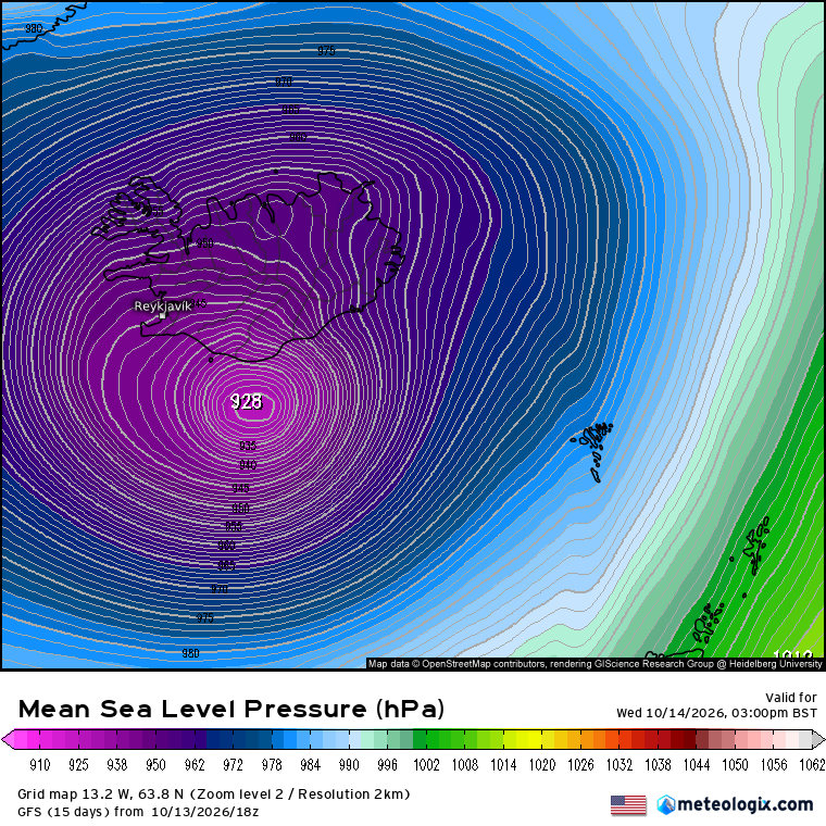 JointCyclone's tweet photo. A powerful and potentially violent extratropical cyclone is forecast to develop south of Iceland on Wednesday, bringing an extraordinary combination of exceptionally low atmospheric pressure and hurricane-force wind gusts across the North Atlantic.

The latest GFS model chart depicts a central pressure of approximately 928 hPa, with tightly packed isobars wrapping around the storm's compact centre. This exceptionally deep low-pressure system is forecast to generate a formidable wind field just off Iceland's southern coast.

Peak wind gusts could approach 200–210 km/h (124–130 mph) in the most exposed areas near the storm's core, according to the wind forecast under consideration. Such gusts would be exceptionally dangerous, capable of producing violent seas, severe turbulence and significant damage wherever winds of comparable strength reach land.

The cyclone's intense pressure gradient suggests a powerful circulation, although the strongest gusts may occur some distance from the centre rather than directly at the lowest-pressure point.

Despite its hurricane-like intensity, this system is an extratropical Atlantic cyclone rather than a tropical hurricane. Its eventual strength, precise track and maximum wind speeds remain dependent on how the forecast evolves and whether the model projections verify.