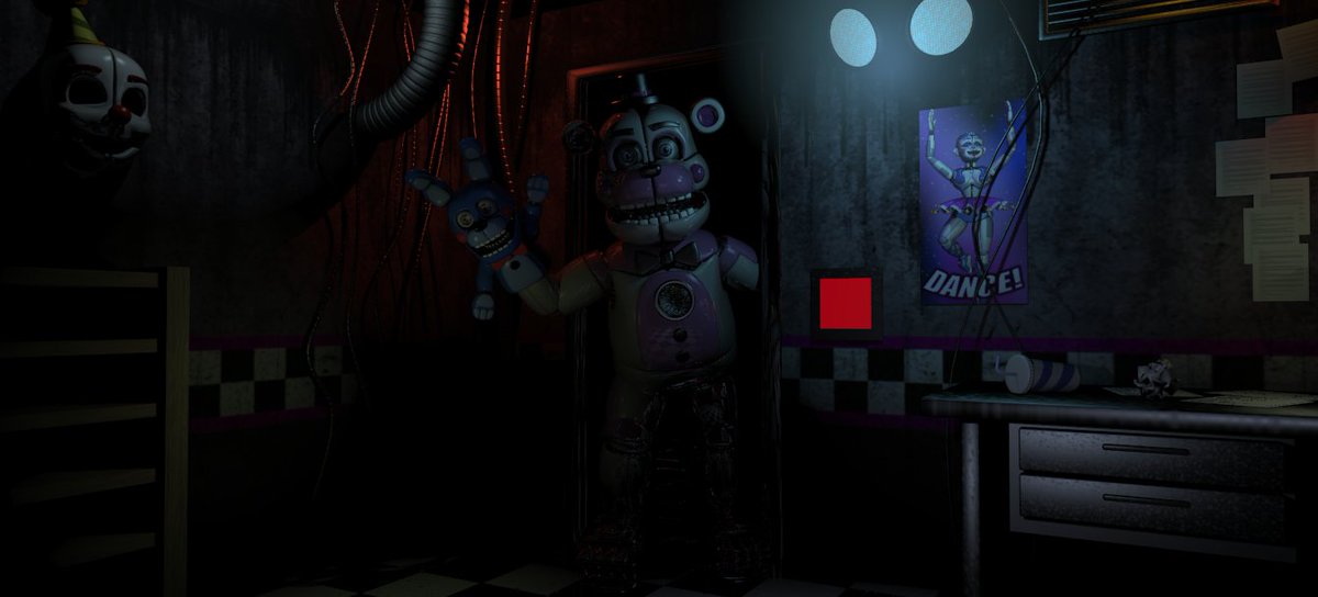SayoBunnySun's tweet photo. A circus baby pizza world type office i made 2 months ago and decided to finally render it with the characters

(renders are just quick test and not finalized) https://t.co/HxhE1jyHhu
