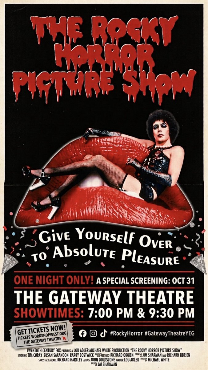 WorkshopWest's tweet photo. Let's do the time warp again! 🕰️👄 We're screening The Rocky Horror Picture Show at The Gateway Theatre for one night only on October 31st. Choose your pleasure: 7:00 PM or 9:30 PM.
Grab your tickets now at https://t.co/z8TPcDod8L. #RockyHorror #GatewayTheatreYEG https://t.co/WGgkBpDPeW