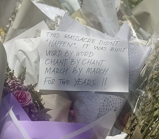 MarkWRowley's tweet photo. Written on one of the bouquets laid after the Bondi massacre.

The painful, honest truth right there.

SHAME on ANYONE who contributed to it.

This is Albanese’s legacy 🤔 https://t.co/hBAcybUPrb