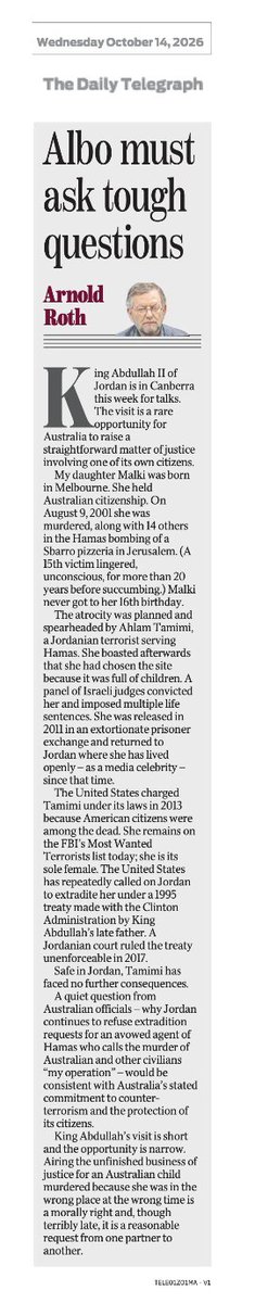 Ostrov_A's tweet photo. With Jordan's @KingAbdullahII visiting Canberra, @arnoldroth, the father of Malki Roth, an Australian girl murdered in a 2001 terror attack in Jerusalem, calls on PM Albanese to ask him why Jordan continues to provide safe harbour to the terrorist mastermind behind the attack. https://t.co/a0Iz0Dv7U0