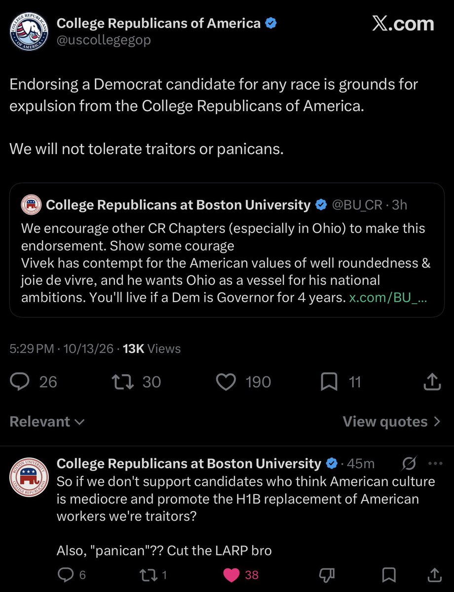 QuarterZippedxx's tweet photo. College Republicans of America is threatening expulsion of its Boston University chapter because they won’t endorse Vivek Ramaswamy who has made replacement of Americans in college and the work force his platform.

“We will not tolerate traitors [unless it’s the one we endorse.]” https://t.co/nufWXSIGvH