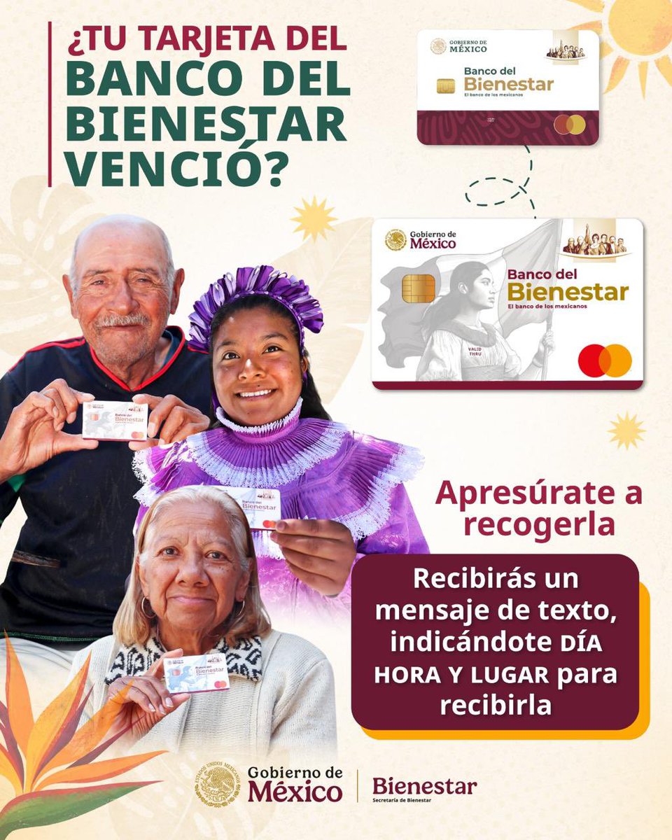 RodrigoAbdalaD's tweet photo. 📣 Si tu Tarjeta Bienestar ya venció, te pedimos que estés al pendiente de tu teléfono ya que te contactaremos para informarte el día, la hora y el lugar donde podrás recoger tu nuevo plástico.

Si no recibes información, puedes acudir a tu centro integrador o módulo fijo de Bienestar más cercano en tu municipio. 📍En el caso de Puebla Capital, el módulo está ubicado en la Presidencia Auxiliar de San Baltazar Campeche (Av. Cue Merlo 201).

📲 Contáctanos a través de nuestras redes sociales oficiales si tienes alguna pregunta, recuerda hacer caso omiso a páginas ajenas a la Secretaría de Bienestar.