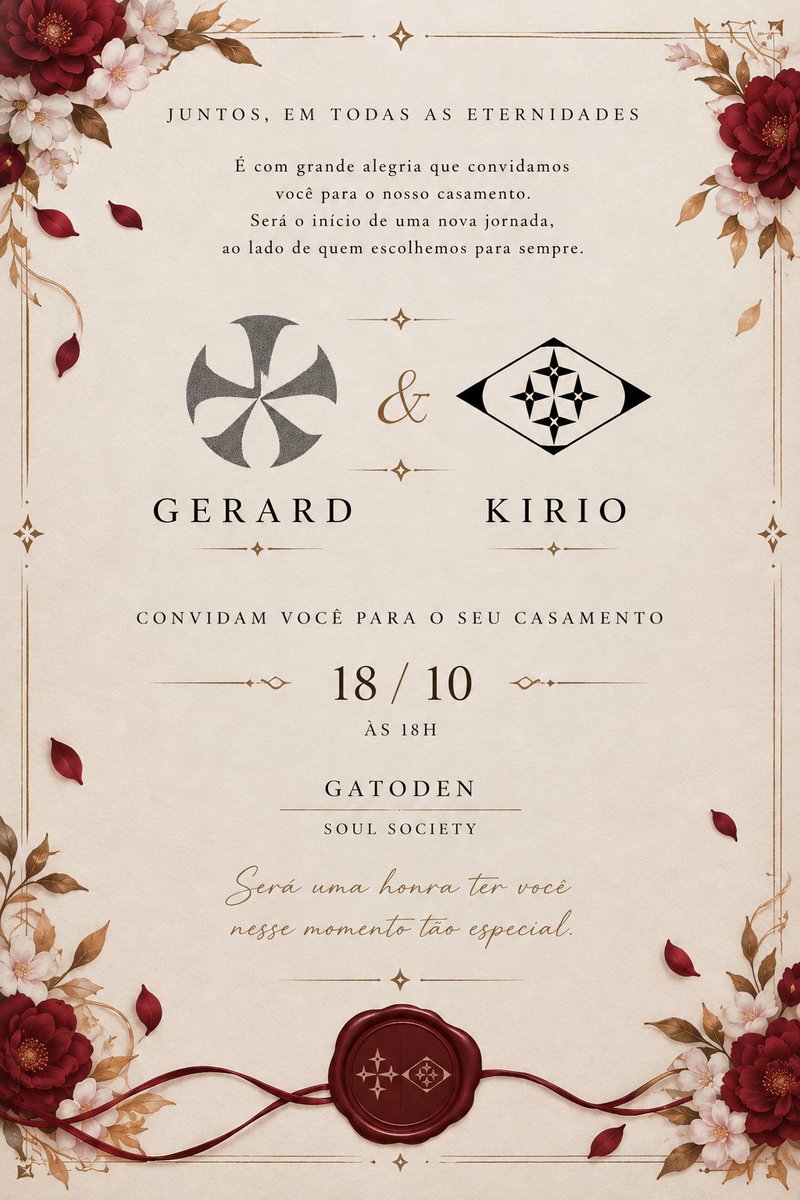 Kokuo_Kirio's tweet photo. Meus queridos, tenho uma notícia especial! Depois de um tempo, finalmente chegou minha vez de subir ao altar❤️ Eu e meu @gerardmvalkyrie esperamos vocês dia 18/10, ��s 18h, no Gatoden, para celebrar nosso amor. E não se esqueça casamento sem comida boa não é casamento
#sereiteitwt https://t.co/J4xtfQht3s