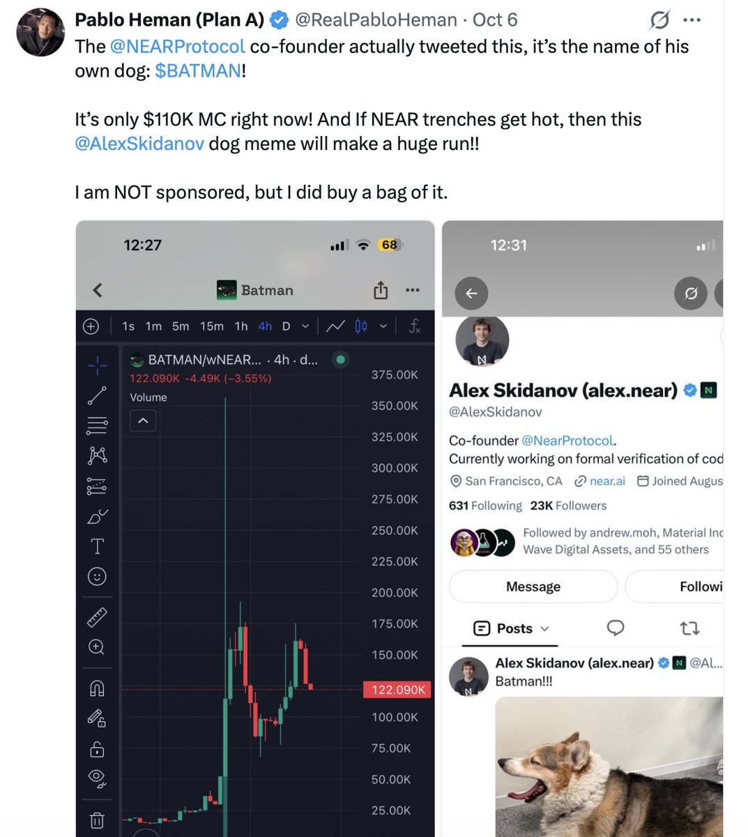 RealPabloHeman's tweet photo. Now it becomes "official",  the meme leader of the NEAR Chain! BATMAN Begins.....

Remember who called this at 70-100K a week ago. And remember there are many Sequels to come after Batman Begins! We've only seen the first movie, how many more epic highs we gonna get from this Dark Knight?!

Follow me and turn on notifications.