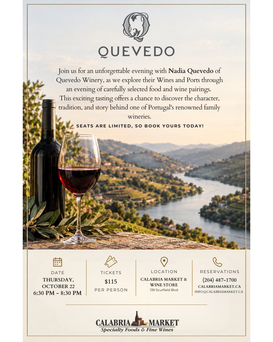 BKGDistributors's tweet photo. This Thursday: an evening of Douro wines and Ports with Nadia Quevedo at Calabria Market in Winnipeg. 6:30 PM, $115 per person. Seats are limited: (204) 487-1700 or https://t.co/YDhTj2iUjY #Quevedo #PortWine #Winnipeg https://t.co/zCzgqlmbLo