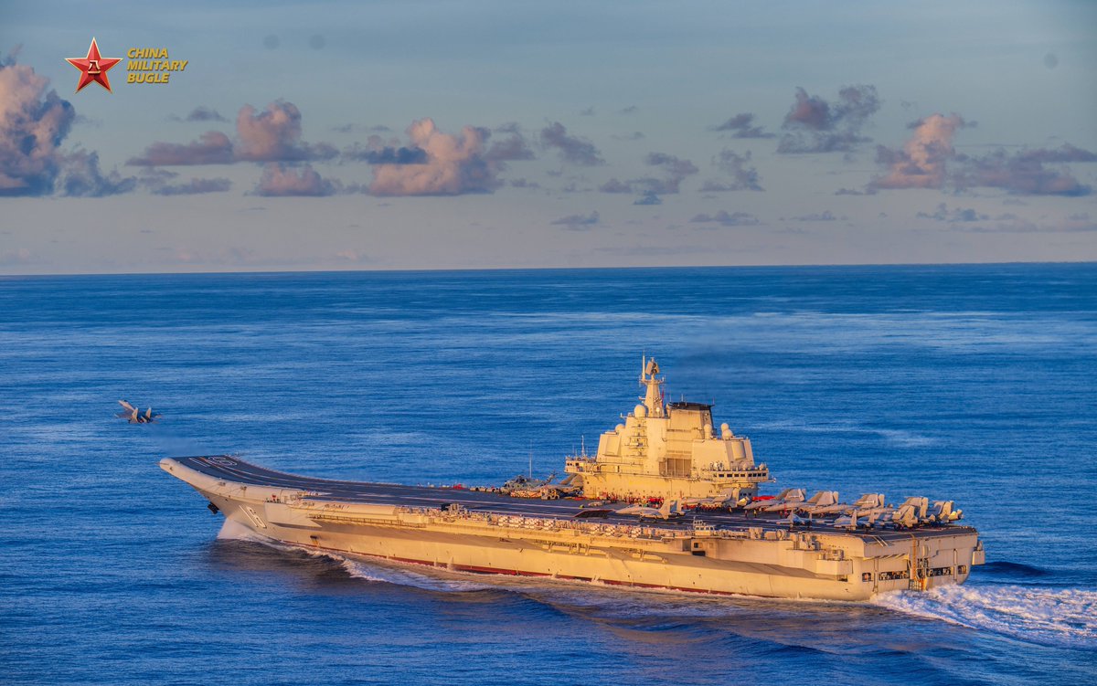 ChinaMilBugle's tweet photo. On October 14, the Chinese PLA Navy sent the Liaoning Carrier task group to the waters of the Western Pacific to conduct training, which is organized in accordance with the annual routine training plan, aiming to test and improve the group’s realistic training level and continuously enhance the capabilities to execute missions. 

It is in compliance with relevant international law and practices and not directed against any specific country or target.

#Liaoning #辽宁舰 #CV16
#CarrierTaskGroup #RoutineTraining 
#WesternPacific #PacificOcean
#PLA #Navy
#ChinaMilitary #ChinaMilBugle