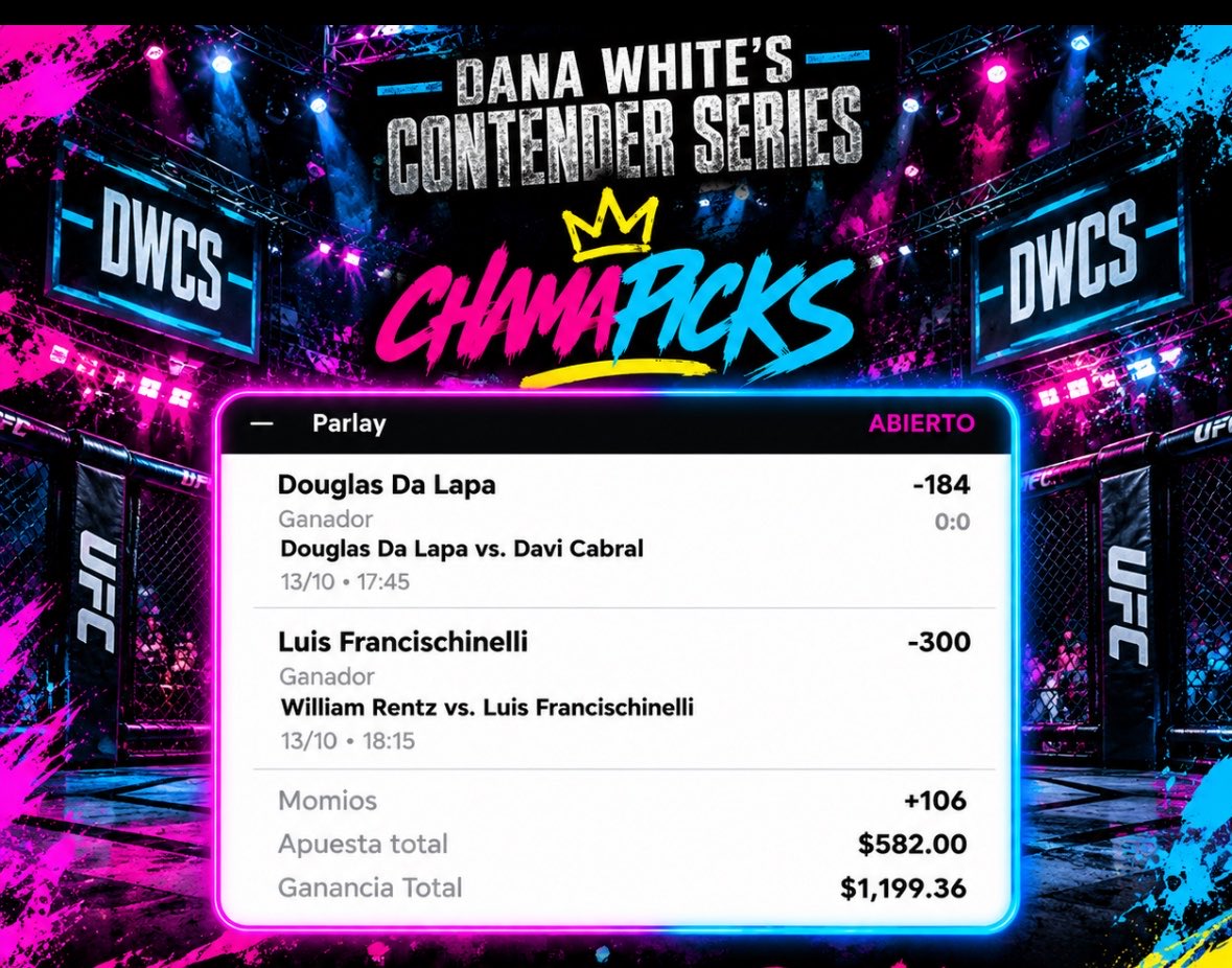 ChamaPickss's tweet photo. DWCS Picks

Douglas Da Lapa ML
Luis Francischinelli ML

Parlay +106 https://t.co/1Bl4UvkEf5