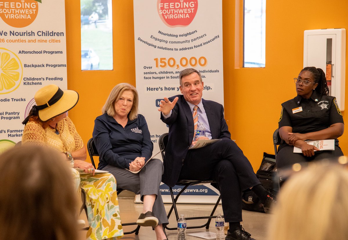MarkWarner's tweet photo. Ended my day today in Roanoke at Feeding Southwest Virginia. Across the country, we’re facing a mounting food insecurity crisis as tariffs and the war combine to spike food costs and Trump’s draconian SNAP cuts hit. We must reverse these policies &amp; support our local food banks. https://t.co/6FADqrUXxG