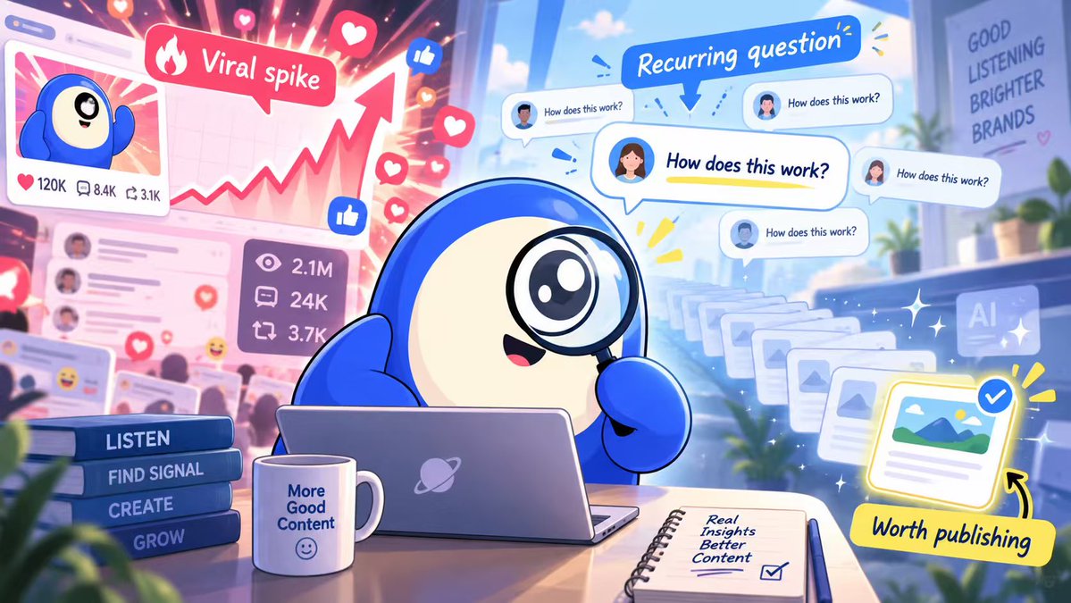 MinionLabAI's tweet photo. One viral post can fill a dashboard. It can also distract from the useful signal.

When the spike fades, which question keeps coming back in the comments?

AI can draft the next 100 posts. Social listening helps you decide which one is worth publishing. https://t.co/H5XHSWB5wO