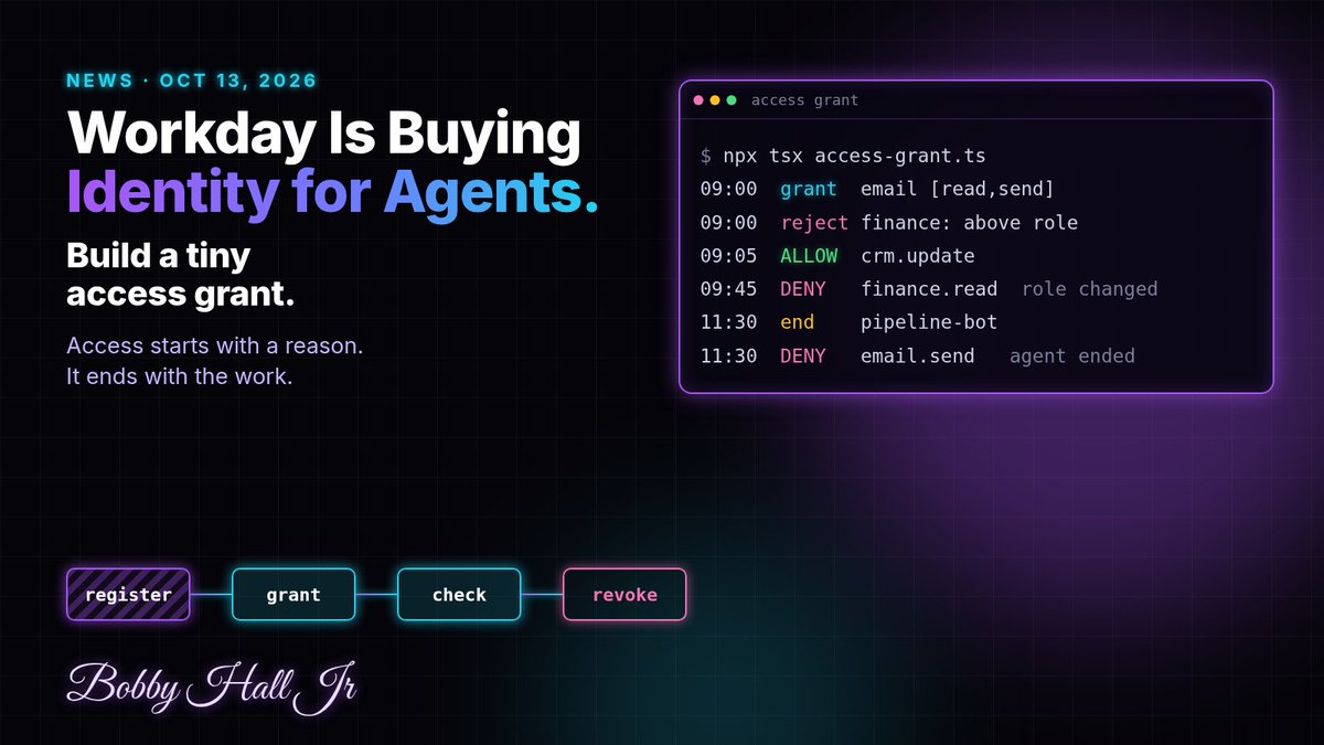 bobbyhalljr_dev's tweet photo. 1/
Workday announced Oct 13 it plans to acquire https://t.co/HcolKGe0w9, an agentic identity platform for agents.

The idea: an agent gets access when it's registered and loses it the moment its work or role ends.

I built a tiny access grant for that. TypeScript, no API key. https://t.co/Irf0me13eJ