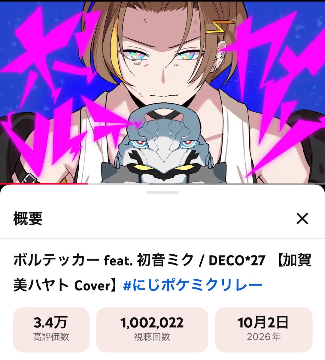 KH_fanaccount's tweet photo. ボルテッカー feat. 初音ミク / DECO*27 【加賀美ハヤト Cover】#にじポケミクリレー https://t.co/ghoJg1241w @YouTubeより
100万回再生突破おめでとうございます！ https://t.co/6DCwgFW7KB