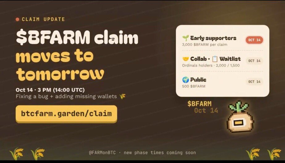 Dehfi_'s tweet photo. giving out 3 farmonbtc spots for their $BFARMS upcoming airdrop. 

here's how to enter:
◦follow @FARMonBTC + @athenahubb_  
◦like &amp; rt farmonbtc pinned post 
◦drop taproot wallet (bc1p...)

⏰ winners in 4hrs. 

good luck. https://t.co/EwLXuIS85k