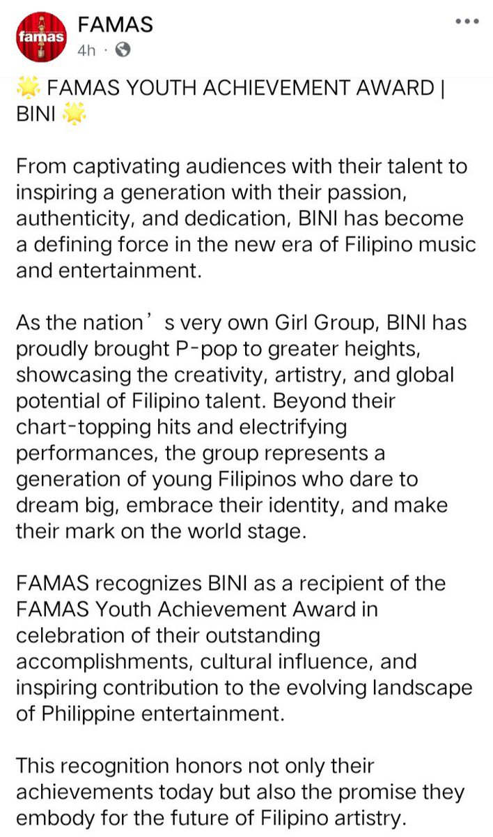 bini_writes's tweet photo. GOING BEYOND JUST MUSIC 🌺🎶

After Dangal ng Musikang Pilipino Global Impact honor from Awit Awards (PARI), BINI is also recognized with the Youth Achievement Award in the FAMAS Awards, the oldest film awarding in the Philippines and one of the oldest in Asia. 

For decades since 1953, FAMAS is the highest film awarding body in the PH before the govt-mandated LUNA Awards by the Film Academy of the Philippines (equivalent of Oscars) in 1983. 

The 74th FAMAS Annual Awards Night will be held on Oct. 27 at the Manila Hotel. 

ENGAGE HERE:
https://t.co/hpPWYtcQKw

#BINI